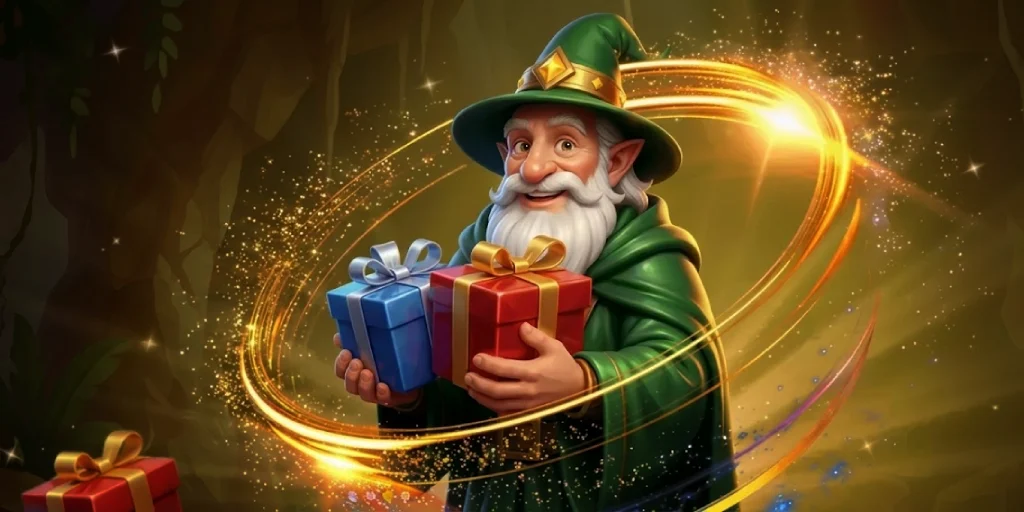 Smiling wizard holding colorful gifts with magical sparkles and glowing ring effect in a mystical forest setting.