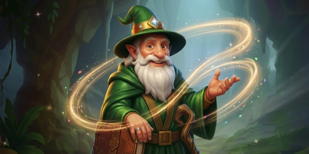 Friendly wizard casting magical sparkles in a mystical forest setting.