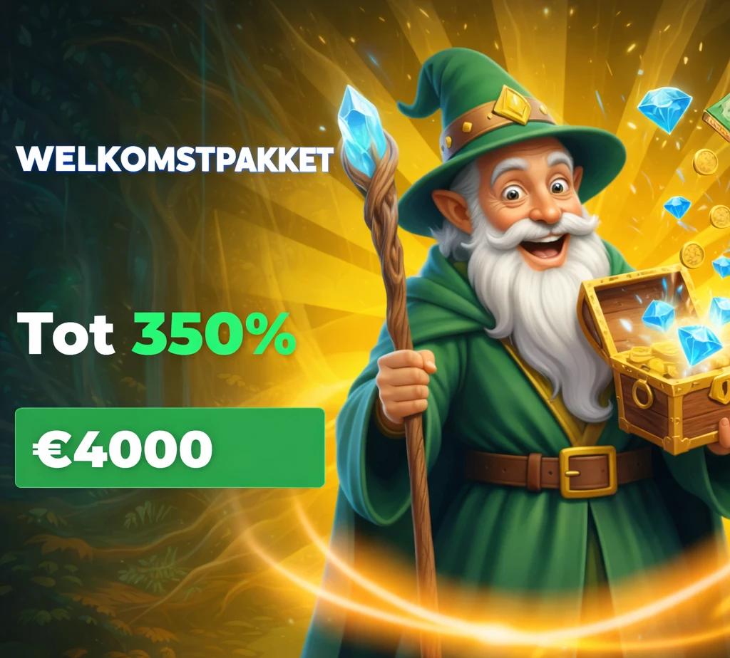 Welcome package with up to 350% bonus and €4000 offer featuring a cheerful wizard with treasure chest and gems.