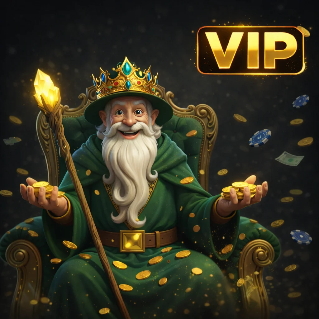 VIP wizard with a crown, sitting on a throne and holding coins and chips, surrounded by floating money.